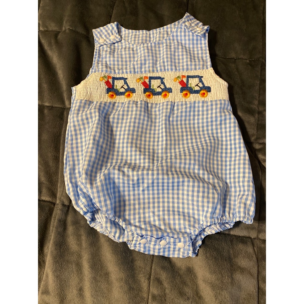 Baby Boy Smocked Golf Cart Gingham Romper Blue White 12-18M Bubble Snaps
0423